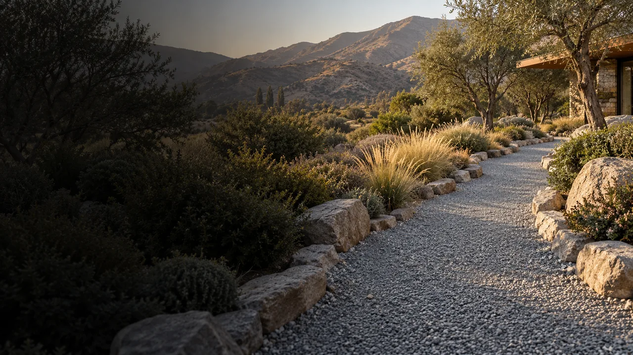 Recreación digital: sendero de molido gris con borde de adoquín entre plantas nativas