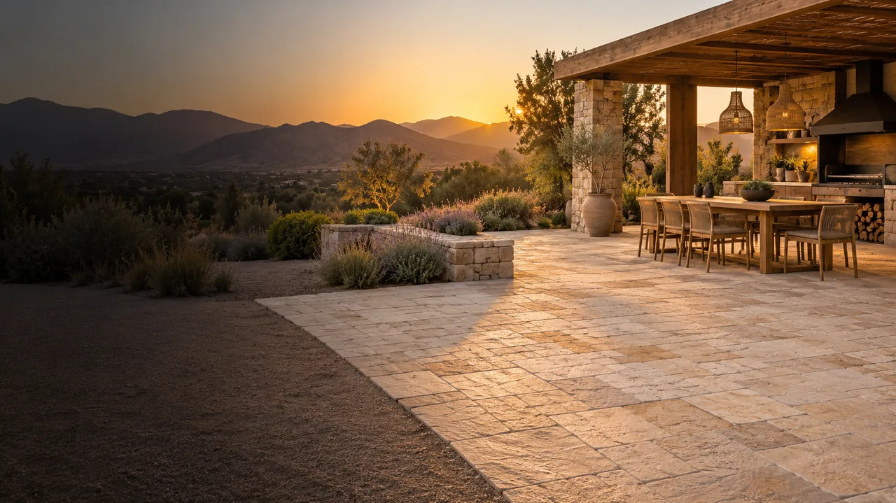 Recreación digital: terraza con quincho pavimentada con adoquín cotón de tonos variados