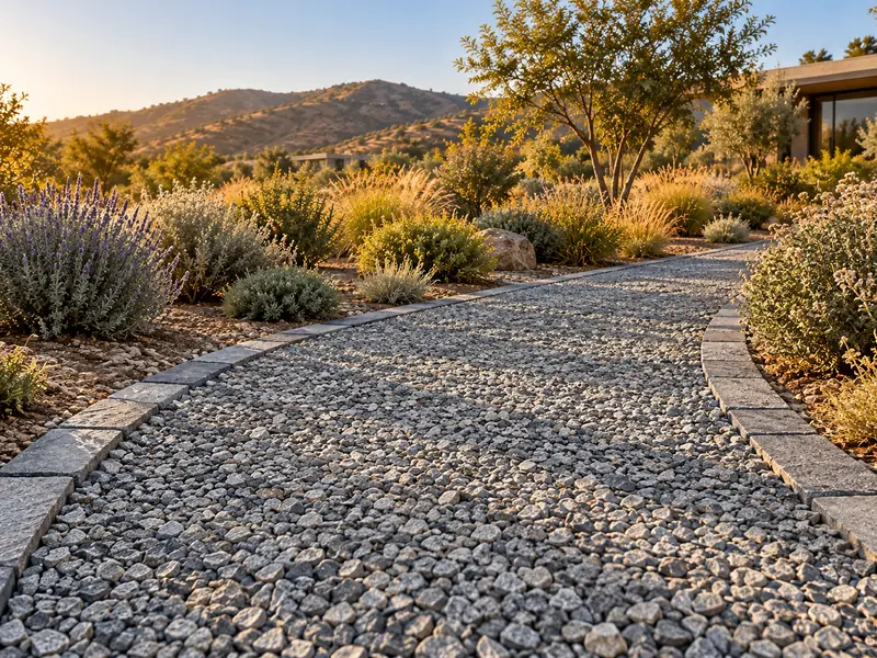 Recreación digital: sendero de molido gris con borde de adoquín entre plantas nativas