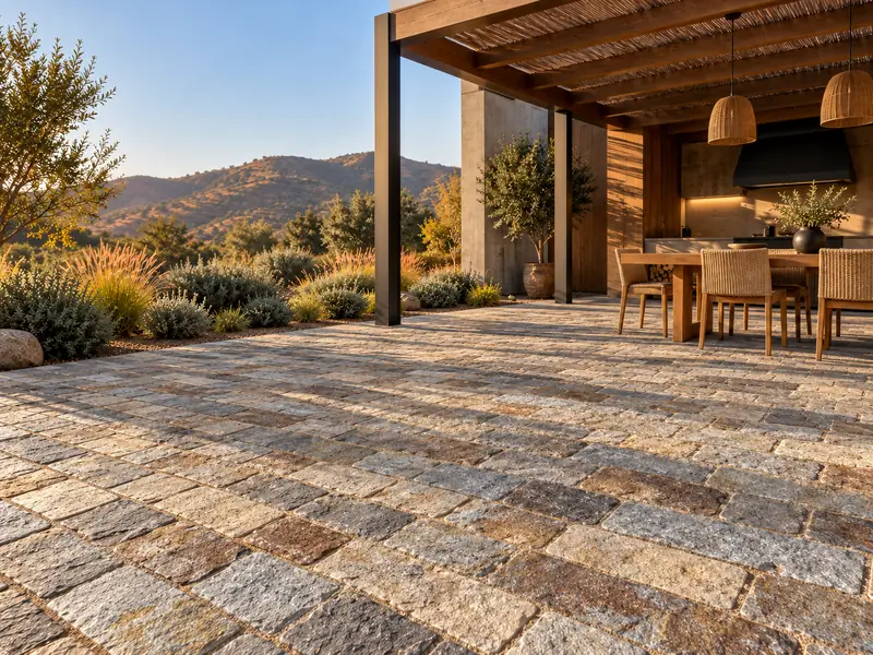 Recreación digital: terraza con quincho pavimentada con adoquín cotón de tonos variados